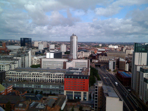 Looking north-west from Cleveland Tower, Holloway Head, Birmingham, over the Mailbox and Centenary Square