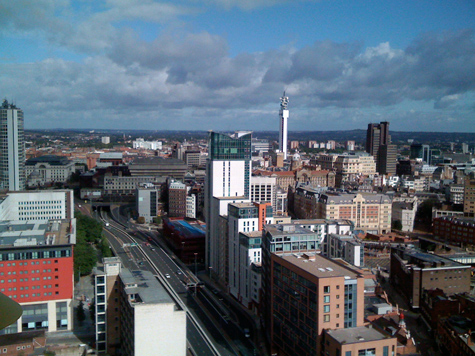 Looking north from Cleveland Tower, Holloway Head, Birmingham at the BT Tower and Jewellery Quarter